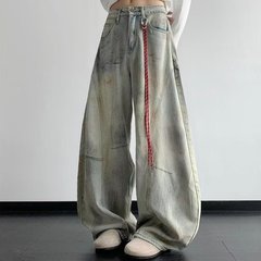 春夏季洋气潮流个性炒色浅蓝色做旧宽松松紧腰牛仔裤女拼接哈伦裤
