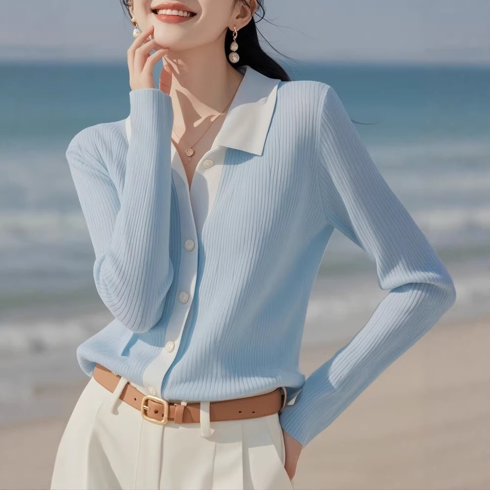 Áo cardigan nữ cổ lật kiểu Pháp, phong cách cao cấp, dệt kim mềm mại — Màu xanh da trời chi tiết 2