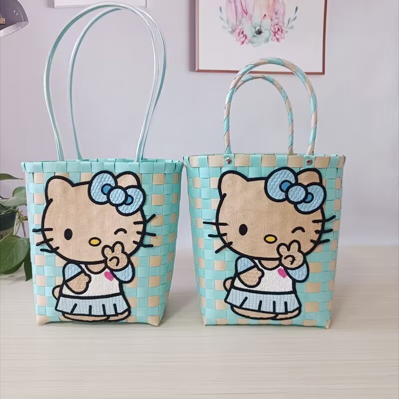 2025 Summer New Hawaiian Kitty Cat Vacation Casual Woven Bag Cute Cartoon Embroidered Women's Bag