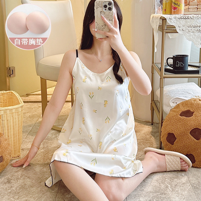 2024 pijama de verano cinta de simulación cojín de pecho delgado de dibujos animados sexy vestido de pijama de ropa de casa de mujer vestido unificado