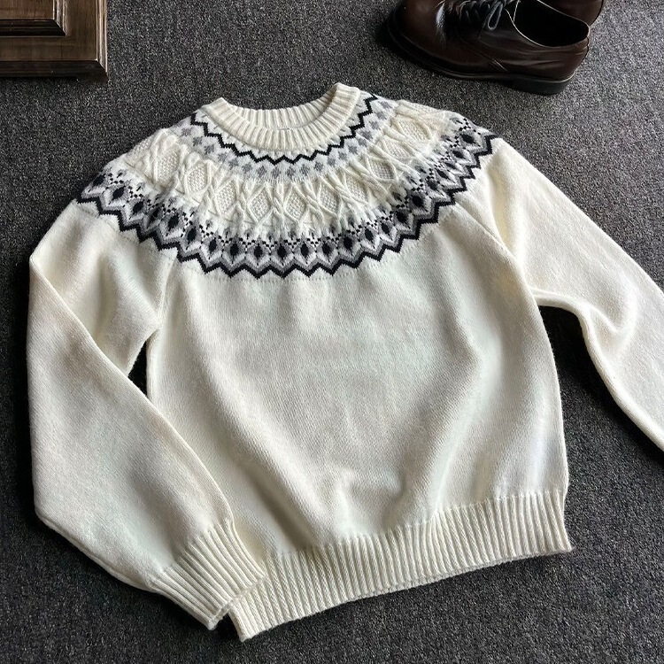 American Retro Fair Isle Boxy Sweater for Men, Autumn High-End Cable Knit Long-Sleeve T-Shirt, Heavy Weight, Regular Shoulder Base Shirt