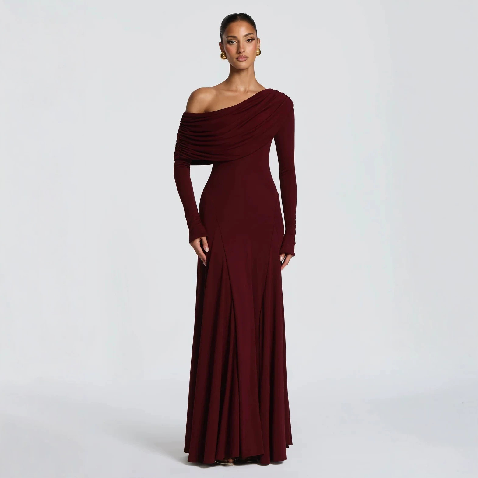 Cross-Border 2026 Autumn and Winter New European and American Women's Fashion Elegant One-Shoulder Draped Collar Waist-Cinching Long-Sleeve Bodycon Dress for Women