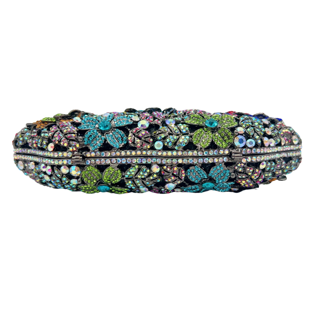 Túi clutch dạ hội cầm tay hoa rỗng nạm kim cương — Màu đen