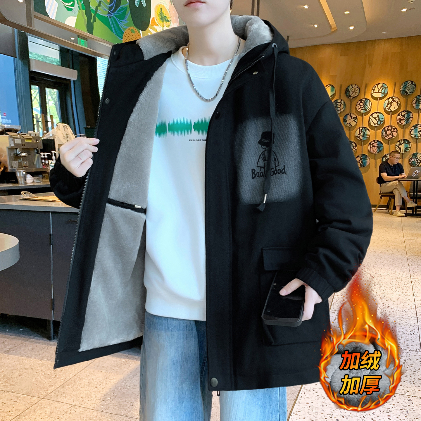 Fleece-Lined Men's Jacket for Autumn and Winter, Thickened Warm Hooded Coat, Men's Winter Parka, Trendy Brand Printed Hong Kong Style Cotton Jacket