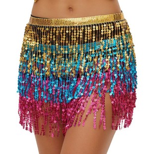 Halloween Cross-Border Belly Dance Performance Costume Four-Layer Tassel Waist Chain Sexy Bohemian Hip Scarf Waist Scarf Sequin Skirt for Women