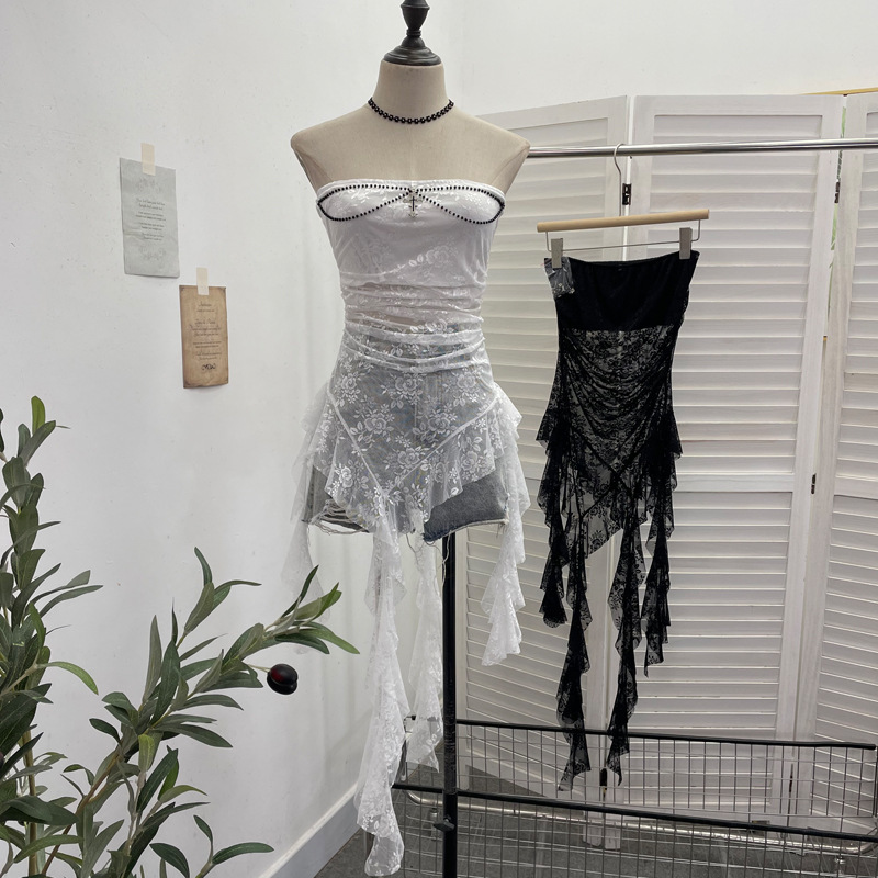 Real Shot Gothic Style Lace Tube Top Sexy Sleeveless Top Irregular Strap Decorative Punk Chest Wrap Vest 1189