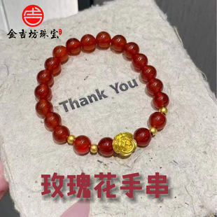 Gold 999 Pure Gold Rose Flower Pendant Bracelet 3D Hard Gold Rose Flower Garnet Bracelet for Girlfriend’S Mom