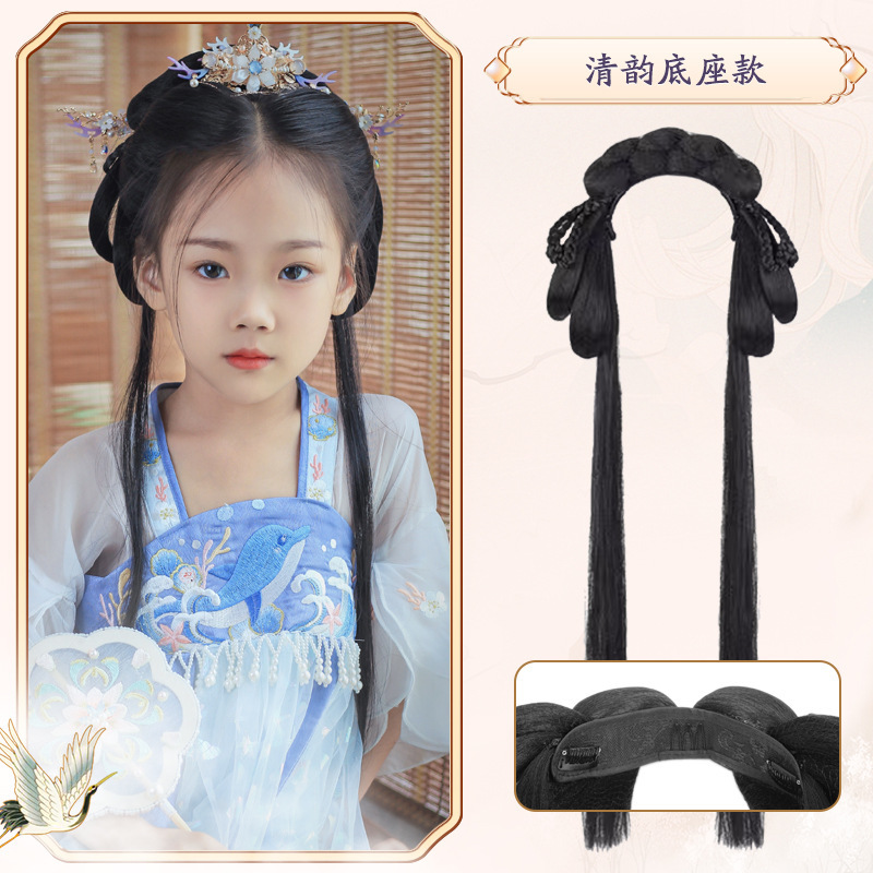 子供用アンティークウィッグ、細かいおだんごヘア、漢服ヘアバッグ、古代衣装、さまざまな女の子のステージパフォーマンス、かわいいおだんごヘアスタイル|undefined