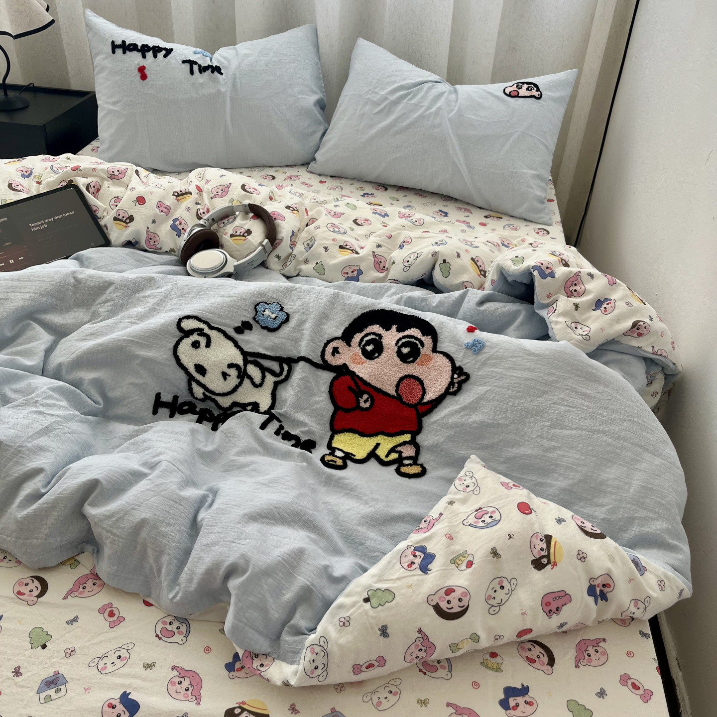 Cartoon-Style Cute Shin-Chan Towel Embroidery Washed Cotton Bed Sheet Summer Quilt Four-Piece Set Student Dormitory Single Quilt Bed Sheet