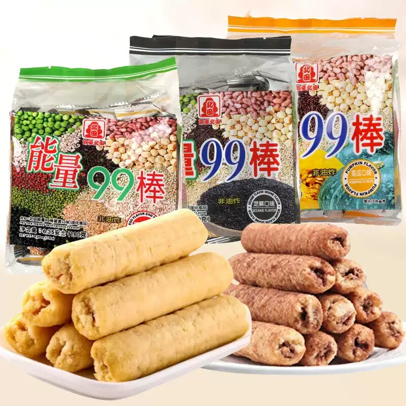 Taiwan specialty snacks Beitian energy 99 sticks brown rice roll pumpkin egg yolk sesame flavor non-fried puffed food