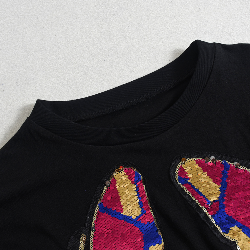 Women Clothing Personality Street Sequin Embroidered Crew Neck Short-Sleeved T shirt Women Top