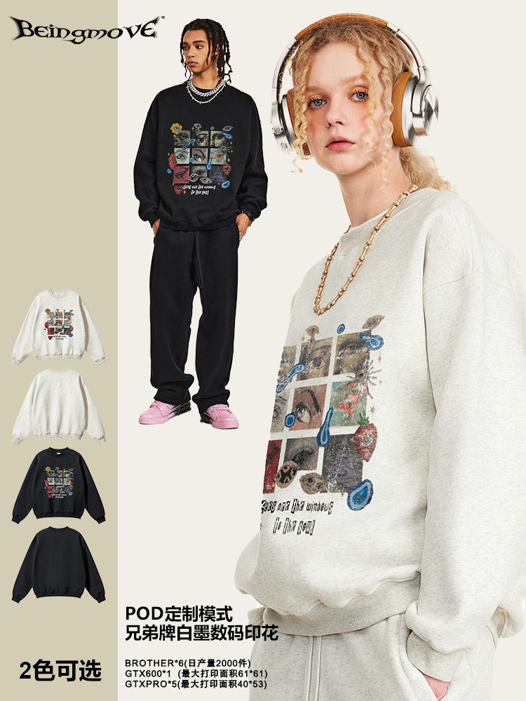 2025 otoño americano retro chic caída camisa de manga suelta con camisa espesa impresión de pulverización directa de cuello redondo para hombre
