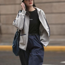 立领撞色包边卫衣2024春秋季帅气男友风宽松遮肉休闲外套女港风潮