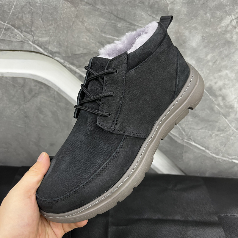 Botas de nieve de piel de hombre en invierno, zapatos de algodón de lana gruesa, cuero esmerilado a prueba de frío, botas de algodón casuales de piel de vaca, zapatos de hombre ligeros
