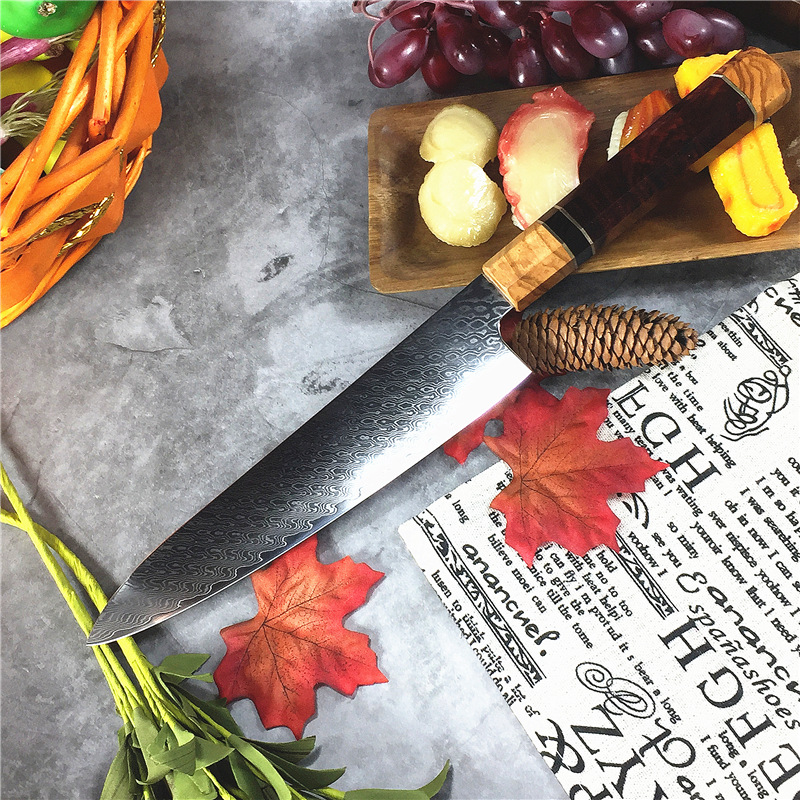 大马士革钢8寸厨师刀橄榄木黄檀八角柄日式柳刃切薄片料理主厨刀