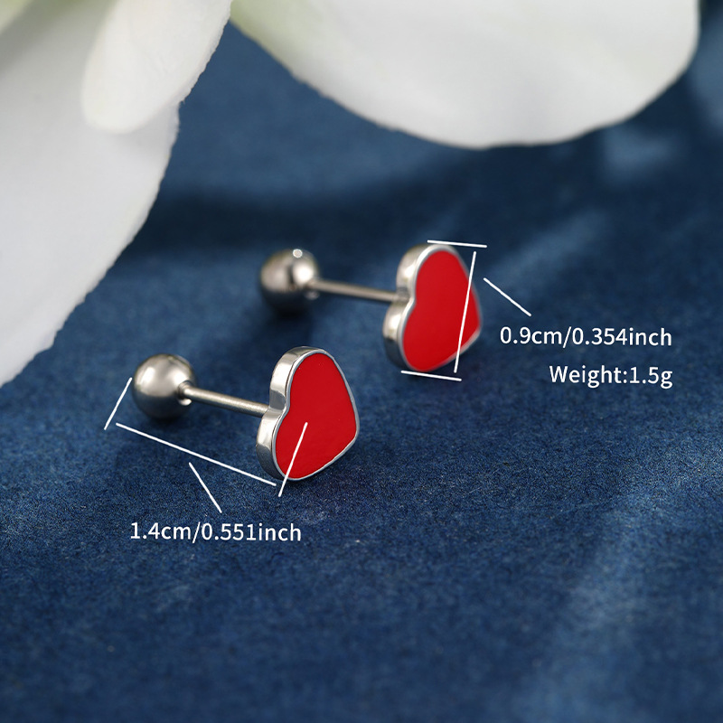 Xupe joyería de acero inoxidable epoxi rojo en forma de corazón tornillo aguja auricular libre espárragos japonés y coreano moda personalizada amor pendientes