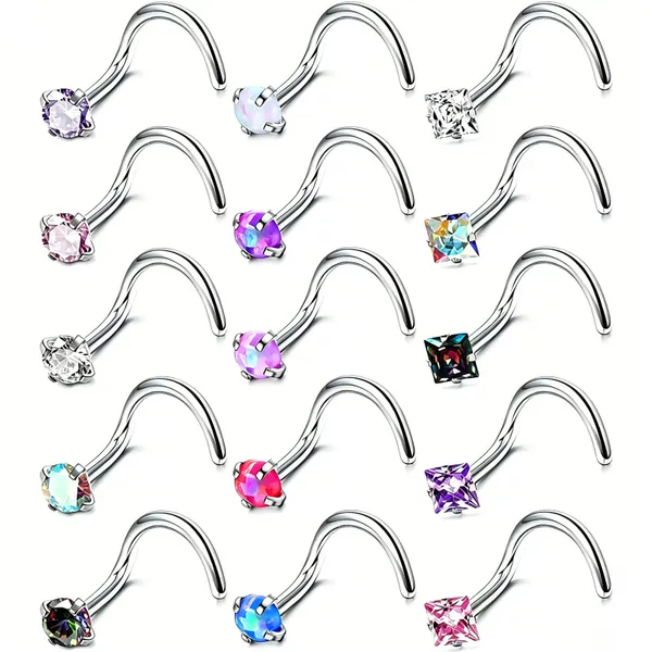 Trendy European and American L-Shaped and S-Shaped Zircon Nose Studs Piercing Jewelry Cross-Border Stainless Steel Opal Inlaid Zircon Nose Studs Factory