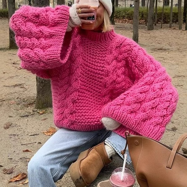 European and American Cross-border Round Neck Wide Sleeve Sweater Loose Lazy All-match Solid Color Fashionable Elegant All-match Knitted Top for Women