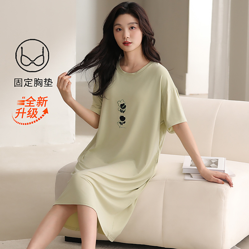 Modal vestido de pijama de mujer nuevo estilo con cojín de pecho ropa para el hogar de verano fría delgada se puede usar vestido de pijama cómodo de manga corta