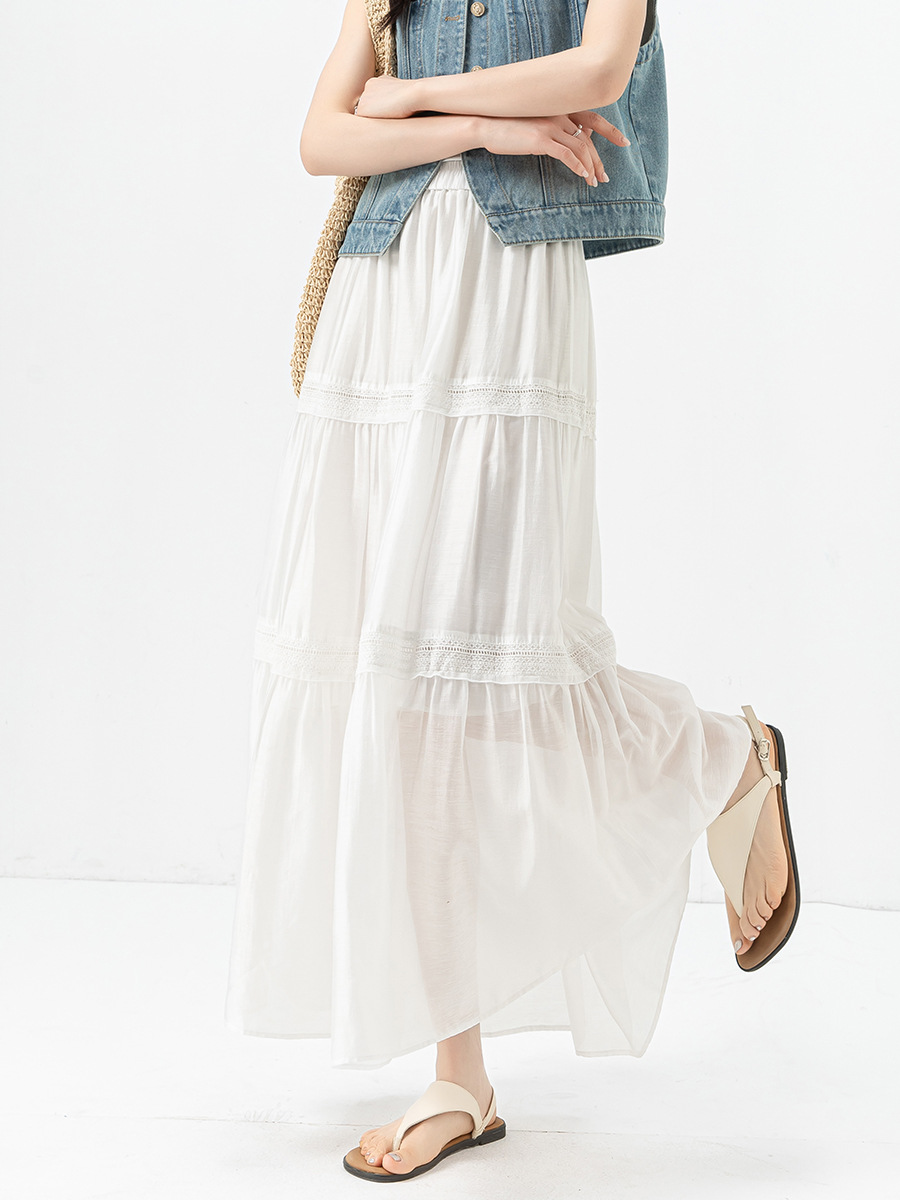 Chân váy chữ A xếp tầng ren phối lưới Tencel linen mỏng mùa hè kiểu Pháp — Màu trắng