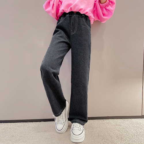 2024 New Trendy Children's Jeans Girls' Spring and Autumn Straight Pants Medium and Large Children's Solid Color Wide Leg Pants Children's Pants Wholesale