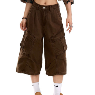 Maillard Cargo Shorts for Men and Women, Summer Deconstructed Design, Cropped Pants, American Retro Straight Casual Mid-Length Pants