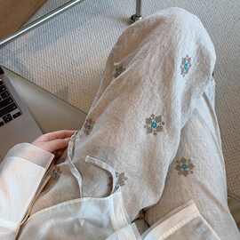 棉麻阔腿裤女夏季薄款复古印花宽松显瘦抽绳松紧腰垂感休闲直筒裤