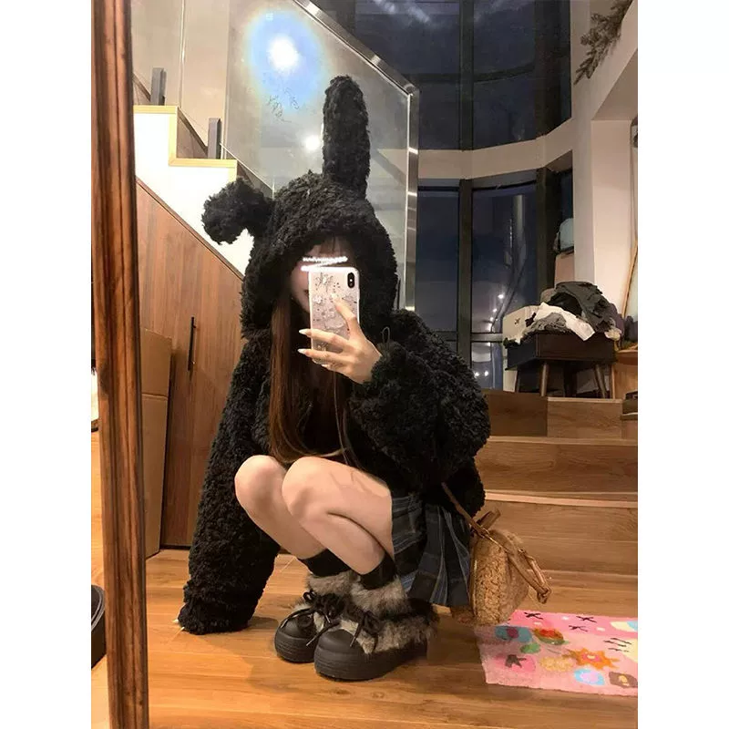 Осенний и зимний винтажный кроличьи уши плюшевые куртки с капюшоном утолщенные теплые свитер
