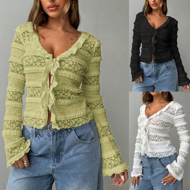 European and American Women's Clothing, Summer and Autumn Women's Open-Front Lace-Up Outerwear, See-Through Lace Top, Long-Sleeved Lace Mesh Short Top