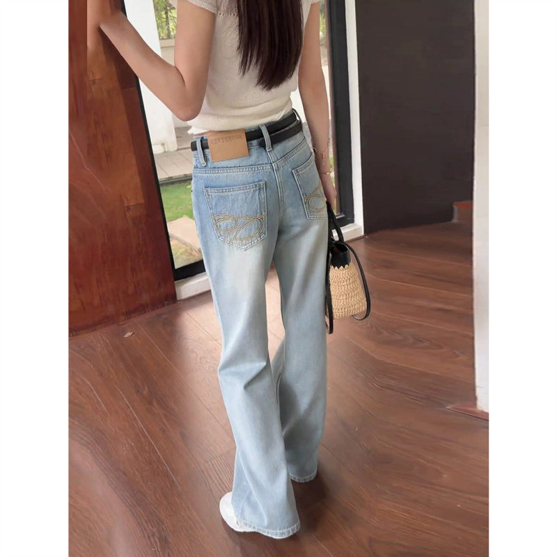 Long Light Blue Mid-Low Waist Slimming Flared Jeans for Tall Women, Summer Embroidered Loose Drapey Floor-Length Pants Long Light Blue Mid-Low Waist Slimming Flared Jeans for Tall Women, Summer Embroidered Loose Drapey Floor-Length Pants