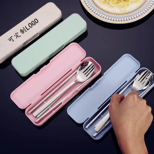 Portable stainless steel tableware set of three promotional gift logo for students outdoor fork set chopsticks and spoon set