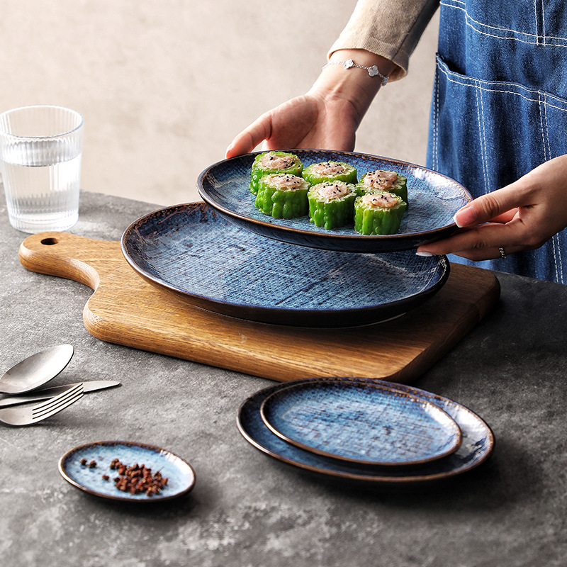 Transfronterizos de tela de cerámica azul Dan Plate de platos creativos de comida occidental platos de filete platos de ensalada de frutas platos cubiertos