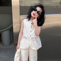 10502女童套裝2024夏季新款韓版鏤空無袖氣質長褲2件套一件代發潮