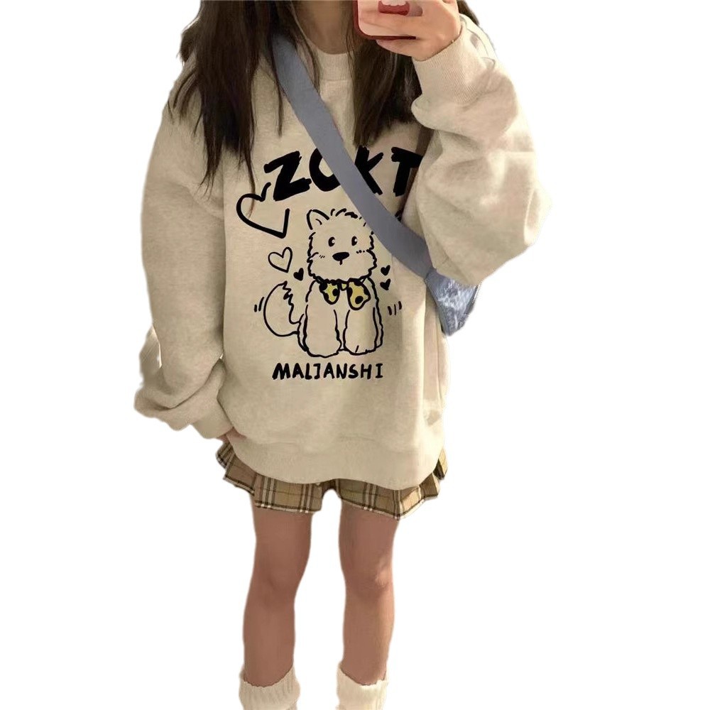 기모 두꺼운 땀 여성의 2024 가을과 겨울 새로운 일본 스타일 귀여운 인쇄 라운드 넥 긴 소매 디자인 미국 스타일 탑