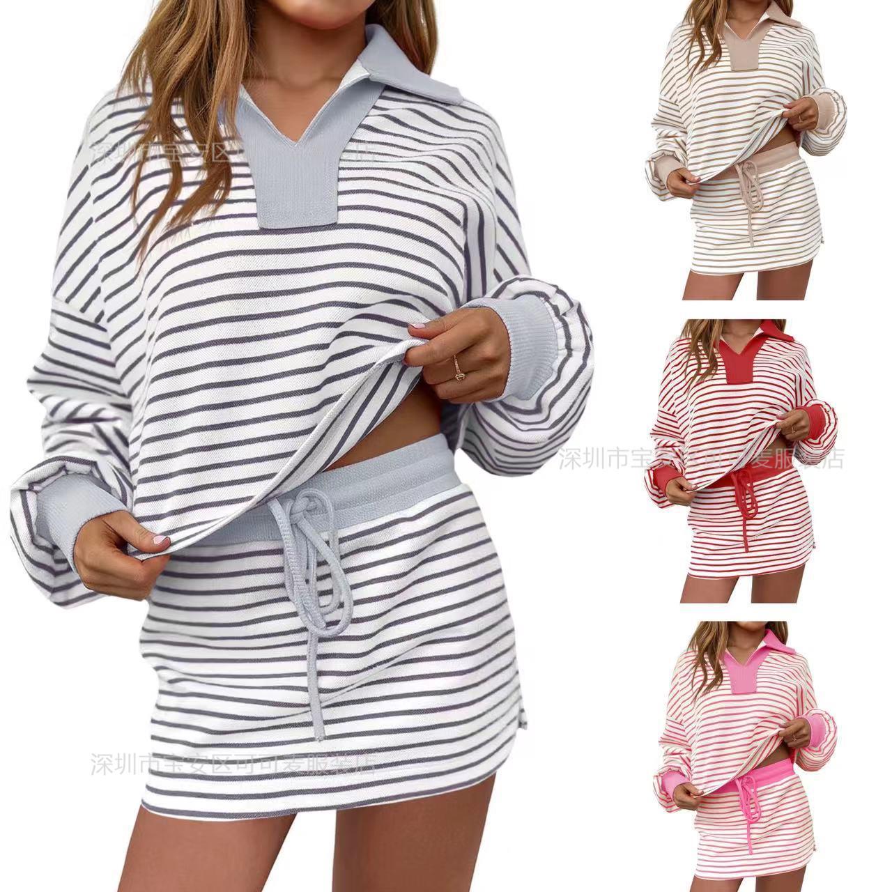 Cross-Border European and American Foreign Trade New Style Striped Color-Blocking Fashion Casual Loose Long-Sleeve Sweatshirt with Safety Shorts Skirt Set for Women