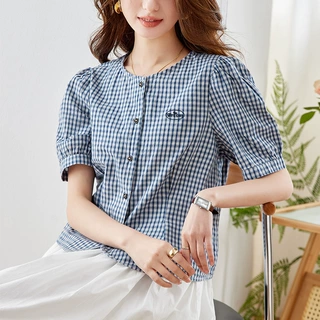 棉茧 圆领格子衬衫女短袖2026夏装新款韩版休闲宽松小个子衬衣