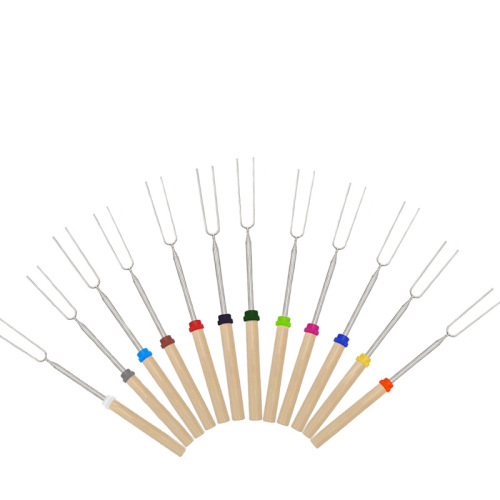 Outdoor BBQ stainless steel telescopic barbecue fork, hot dog fork, wooden handle barbecue skewers, telescopic U-shaped barbecue fork