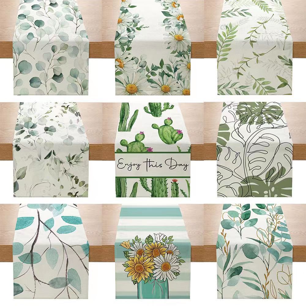 Transfronteriza nuevo Lino impreso corredor de mesa Simple planta verde Margarita serie Amazon hogar Decoración mantel