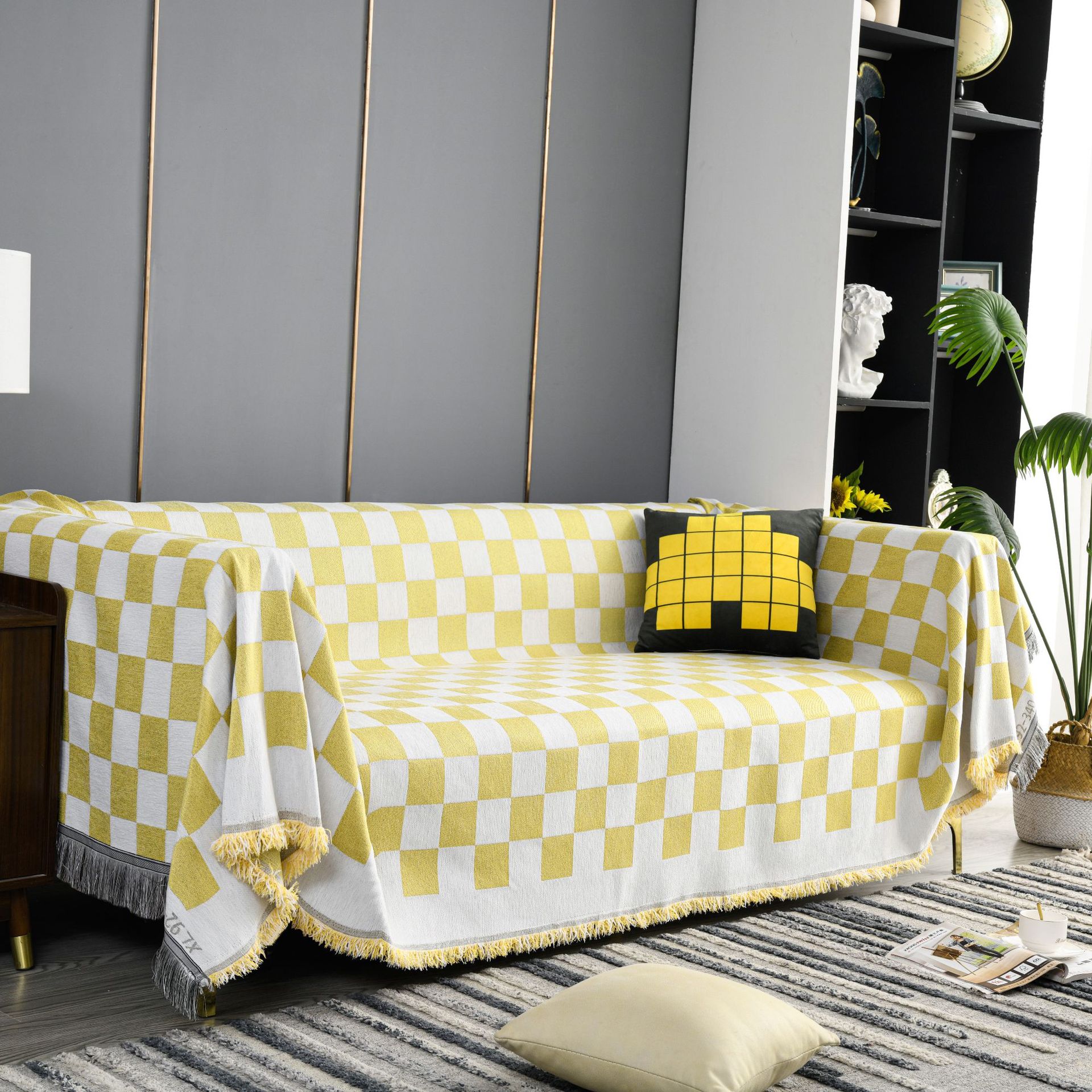 伊缦琪韵桌布多功能盖巾黄白提花棋盘格子现代简约厚实流苏