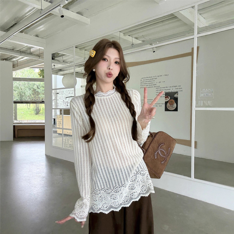 长袖女2025年新款秋季打底衫气质蕾丝韩系慵懒松弛感百搭针织上衣|undefined