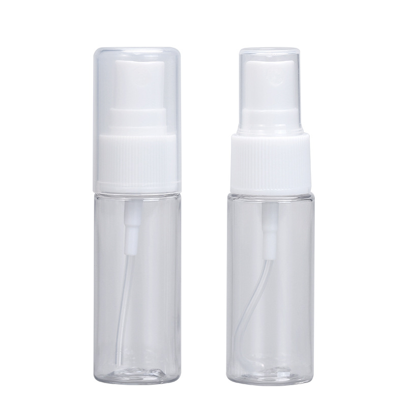 Xumin embalaje en stock 20ml transparente botella de spray para mascotas muestra blanca rayada sub-botella pequeña/botella de spray de tapa completa