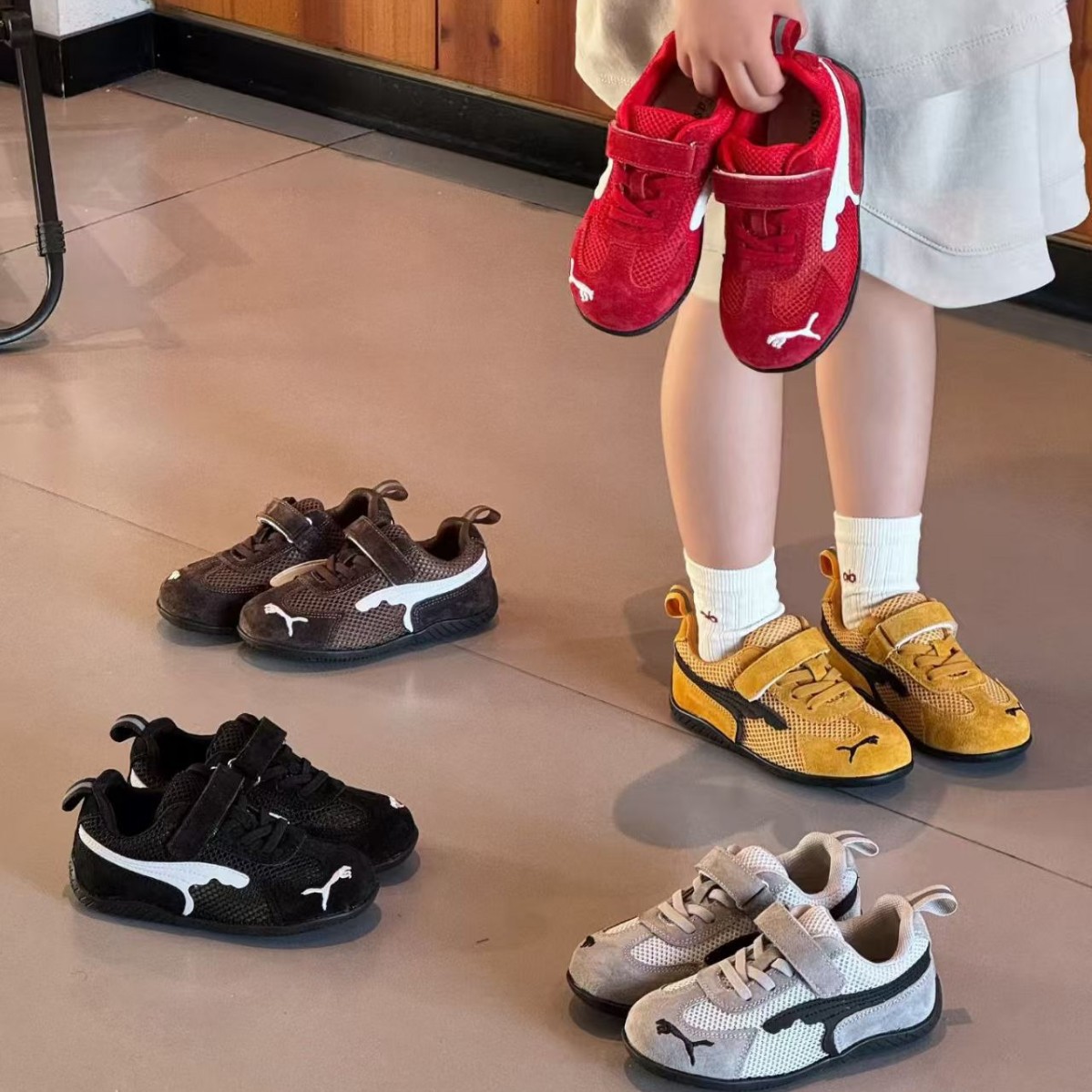 Children's Training Shoes 2026 Spring/Summer Genuine Leather Mesh Breathable Low-Top Retro Girls' Sneakers Boys' Sports Shoes