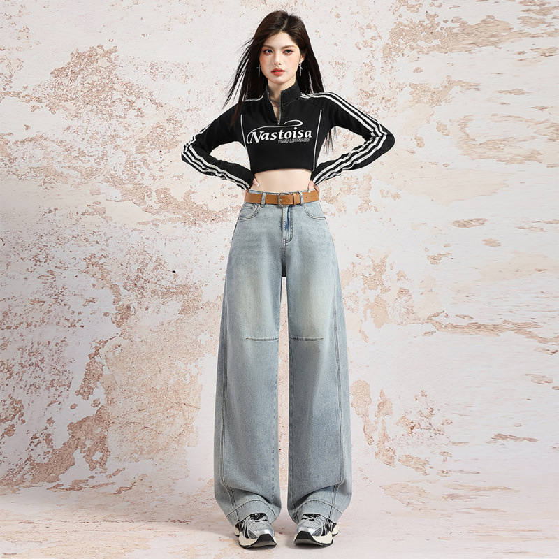 Jeans de pierna ancha azul claro de primavera de mujeres, nuevo tamaño de pera, cintura alta, pantalones de macheta rectos sueltos y delgados