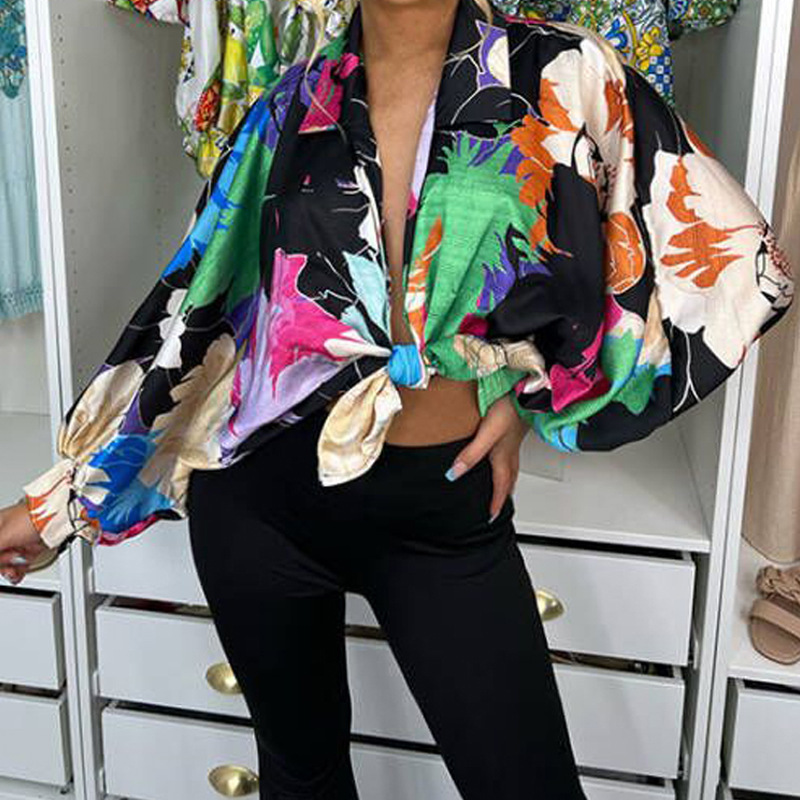 Long Top Length Blouse Tops Type Street Occasion Turndown Neckline Loose Version Wholesale Women'S Fashion Printing Long Sleeve Printing Blouses