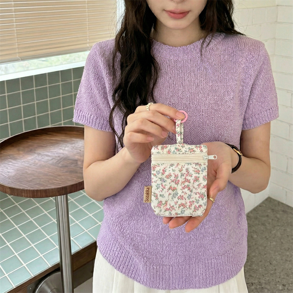 6442 Ins Style Floral Key Hanging Bag with Double Zipper and Hanging Buckle Design for Girls to Carry Around, Earphone and Key Storage Bag