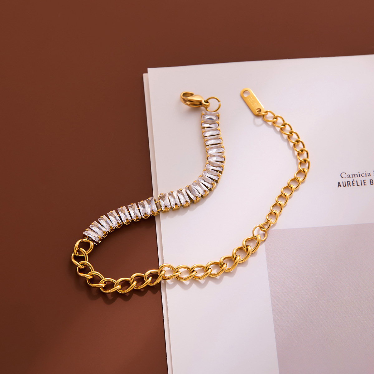 Diseño de moda europea y americana Zircon cuadrado empalmado pulsera de cadena cubana acero inoxidable chapado 18 quilates pulsera de oro para mujeres