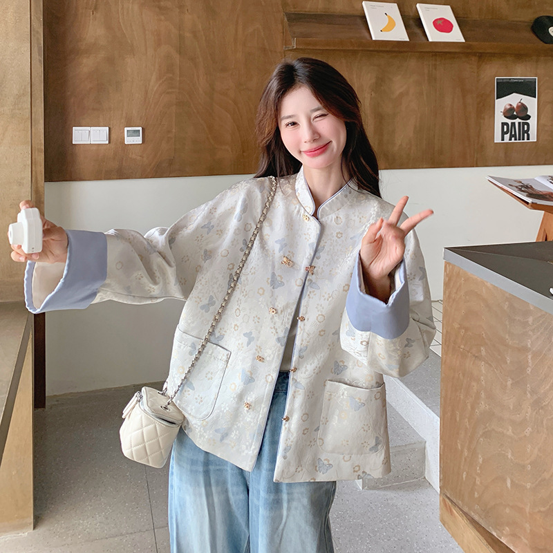 新中式国风缎面印花拼接外套女春季新款时尚减龄短款夹克上衣|undefined