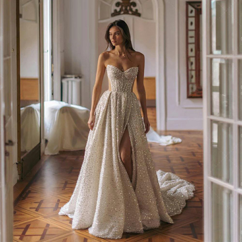 Cross-Border European and American Strapless Light Wedding Dress, High-End Trailing Wedding Dress, Luxurious Sequin Bridal Gown, Amazon Evening Dress