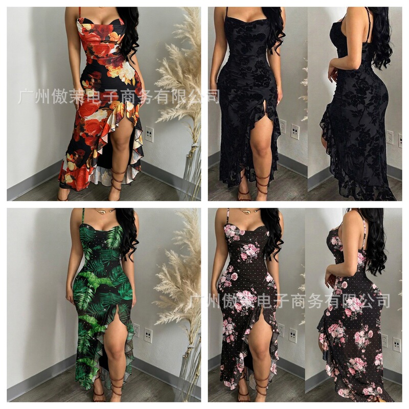 ODF4890 Series Floral Print V-neck Ruffle Trim Side-Slit Casual Dress