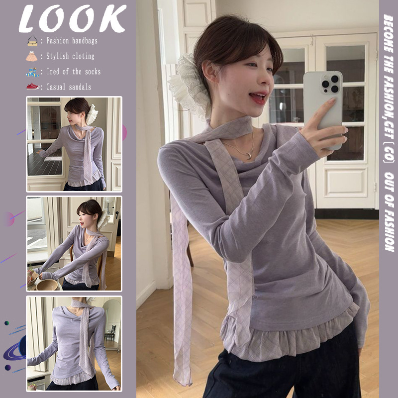 Pure Desire Style Long-Sleeve T-Shirt for Women, Autumn Niche Design with Ribbon, Faux Two-Piece, Unique and Distinctive Inner Top